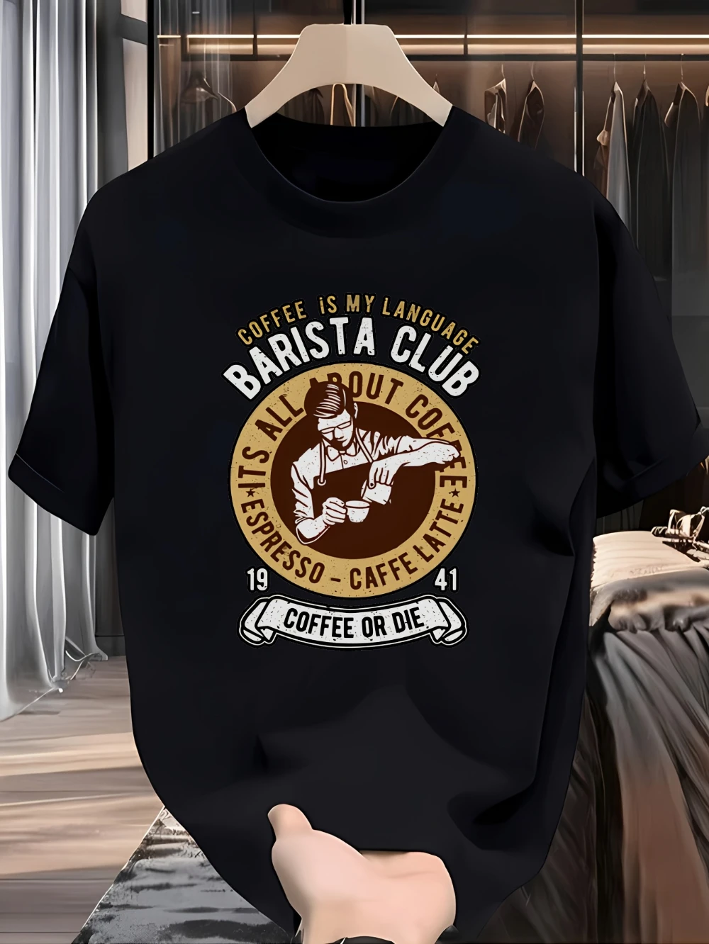 Men'S Coffee Is My Language Barista Club Graphic T-Shirt | Black Casual Crew Neck Short Sleeve Tee with Espresso Coffee Design