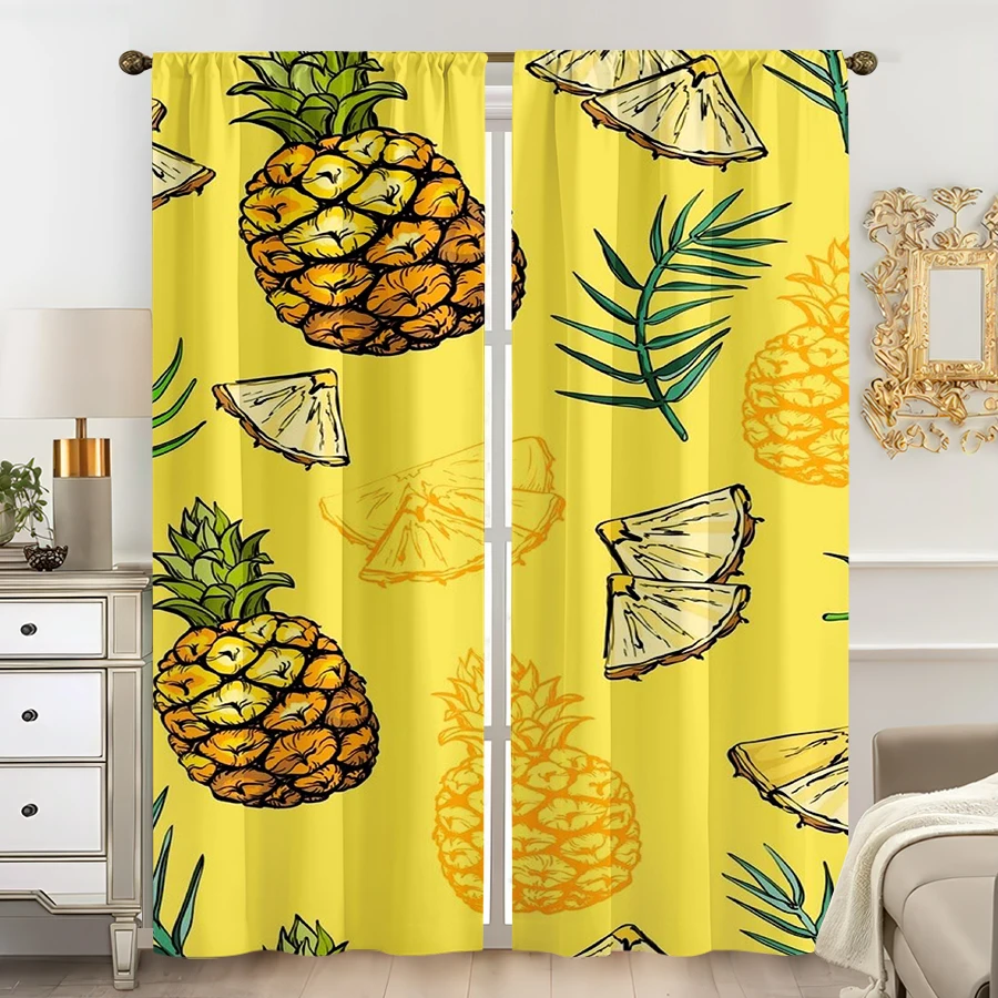 2PCS, Multicolor, Tropical Pineapple and Palm Leaf Print Curtains, for Bedroom and Living Room, Rod Pocket Style