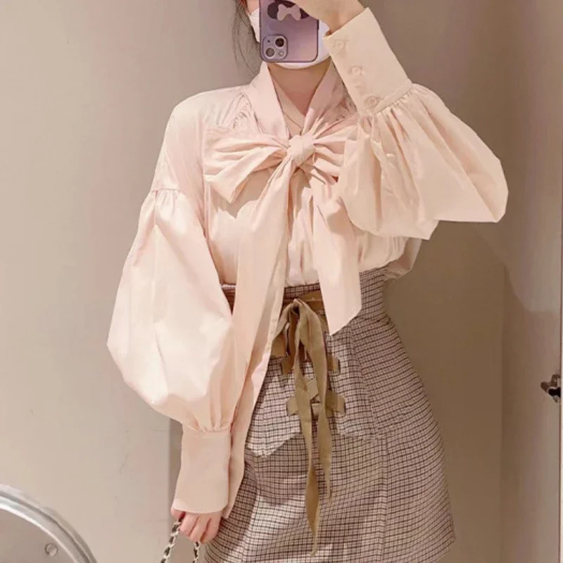 Kuzuwata Spring 205 Temperament Commute Bubble Sleeve Blouse Women Lace-up Bow Stripe Solid Color Shirts Loose Elegant Blusas