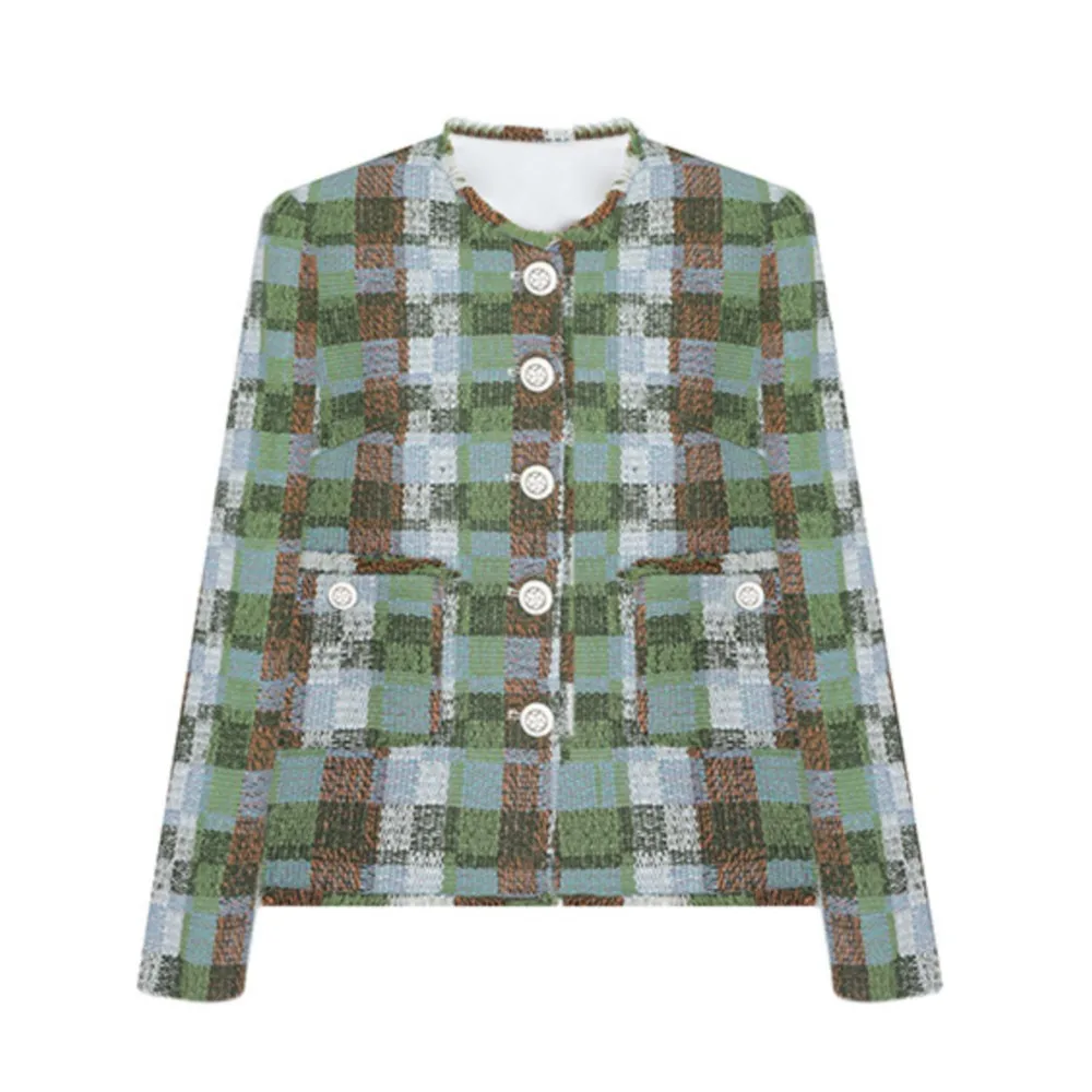 

Green plaid tweed jacket Classic spring/fall braid top