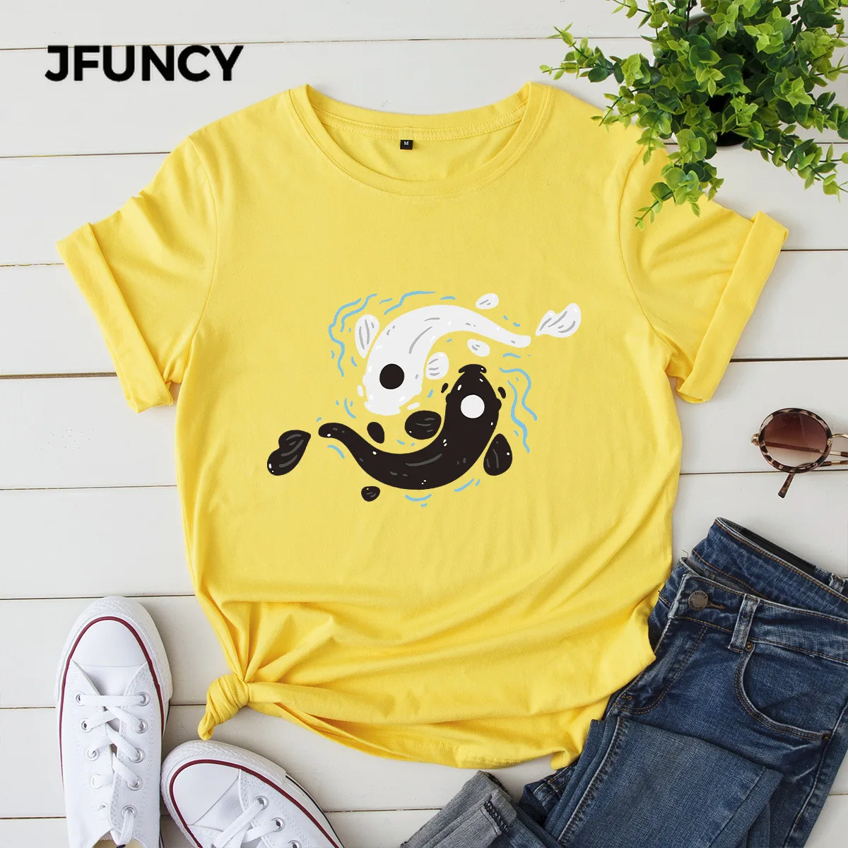 JFUNCY  Women Cotton T Shirt Tai Chi Yin Yang Fish Print Loose Tee Short Sleeve Woman Casual T-shirt Summer Female Tops