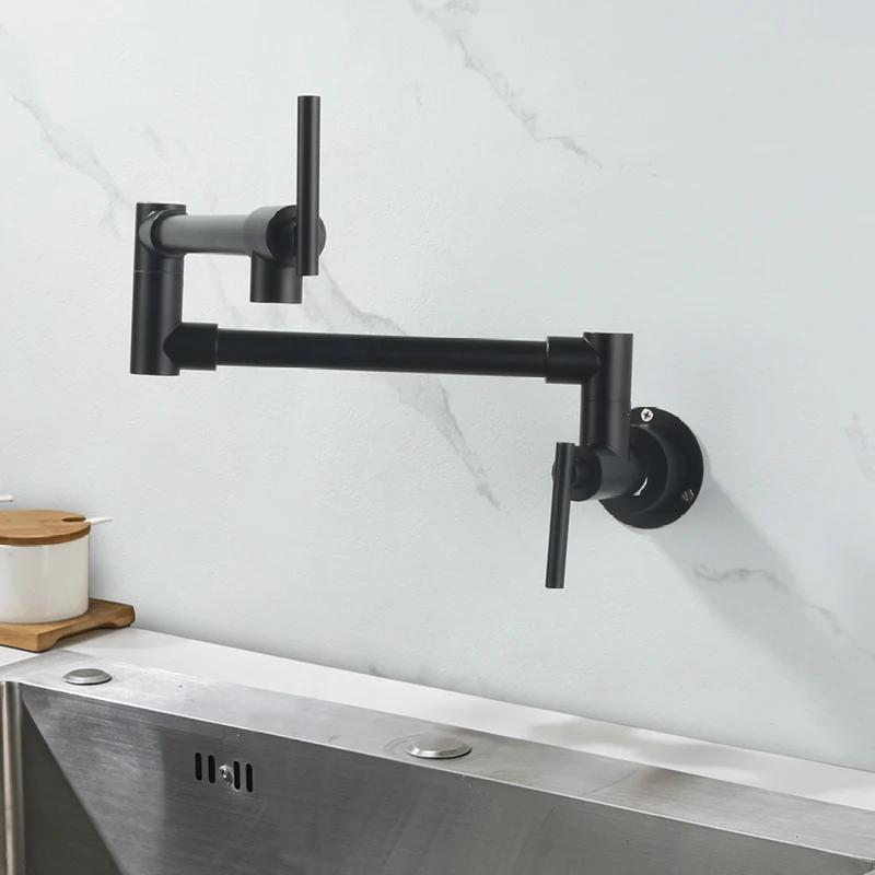 

Single Cold Kitchen Pot Filler Faucet Wall Mounted One Hole Folding Sink Faucet Double Joint Swing Arm Pot Filler Taps Black
