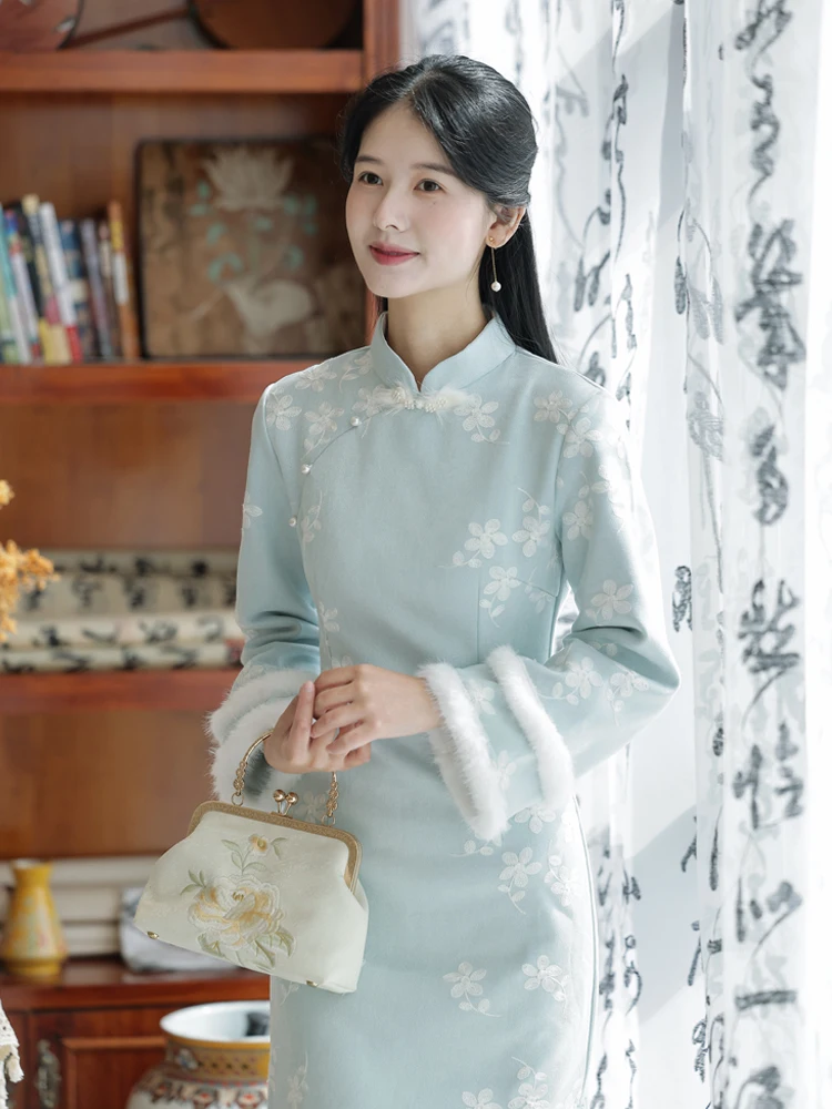 Robe Qipao Traditionnelle Rétro pour Femme, Doublée Polaire, Manches Longues, Taille Cintrée, Longueur Midi, Couleur Bleue, Nouvelle Collection Automne Hiver