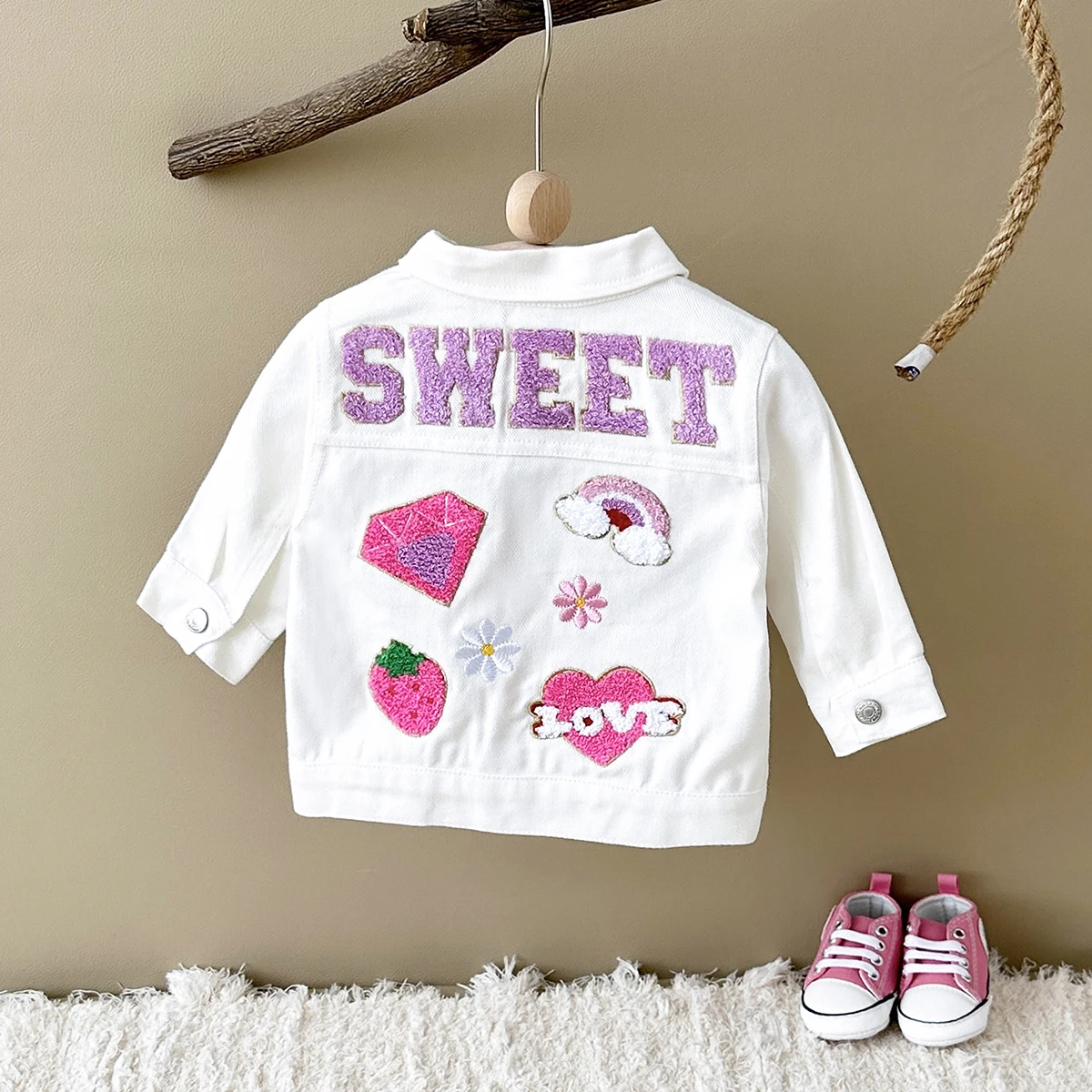 Fall Baby Girls Clothes Denim Embroidered Cute Strawberry Jacket Winter Stylish Casual Top Infant Girls Coat Lapel Workwear