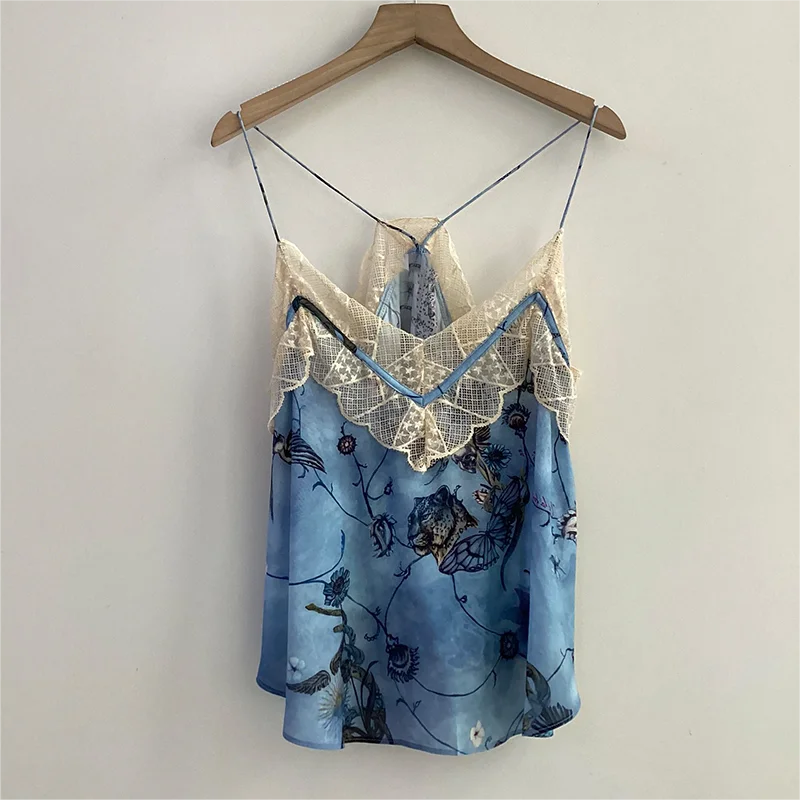 Zadig Camisole Tops Women Summer Blue Vintage Strap Sling Tops Female Casual Print Design Spring Fashion Spaghetti Camisole Top