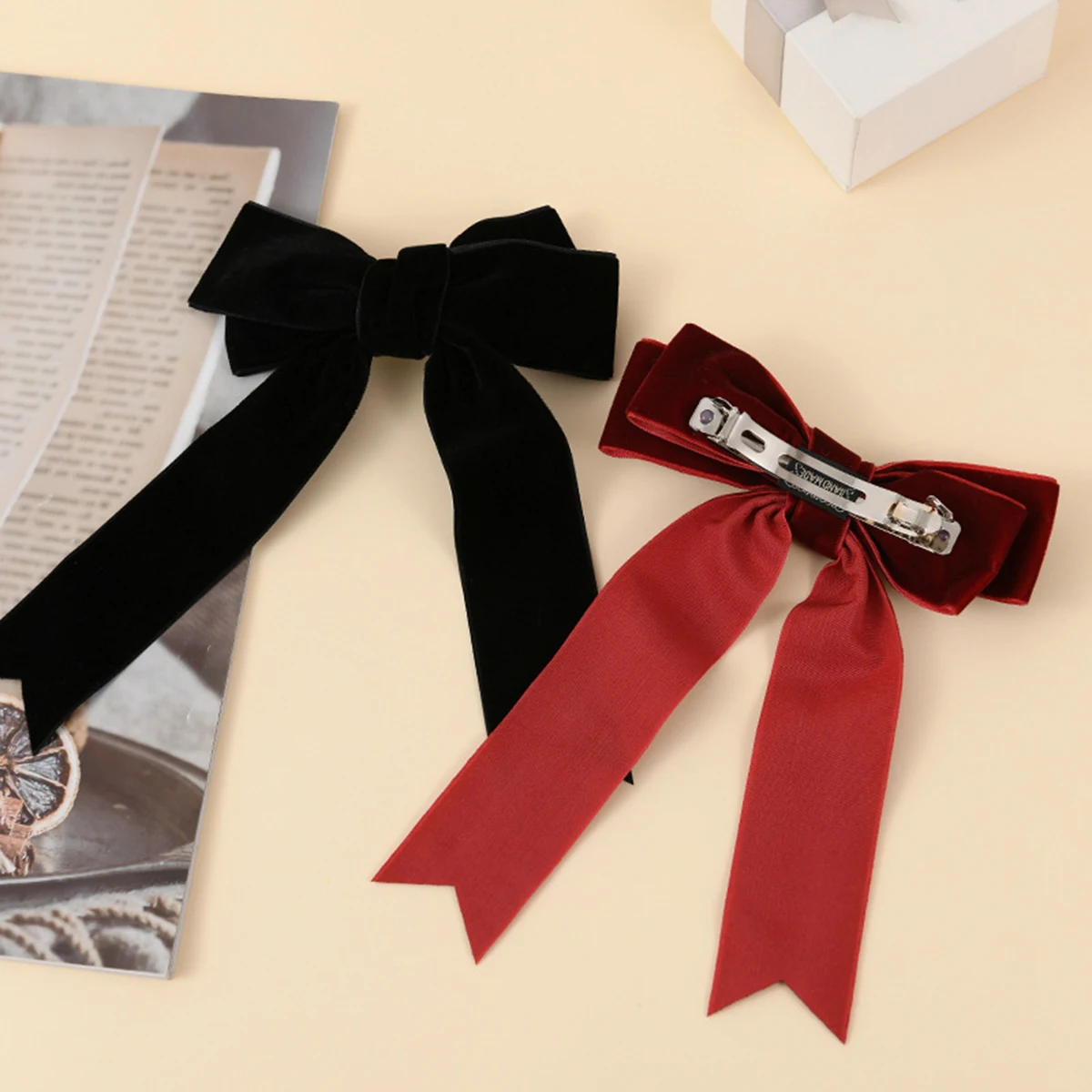 Fashion Hair Clip Girls Black Red Big Velvet Bow For Women Vintage Wedding Long Ribbon Korean Hair Pin Barrette Hair Accessories