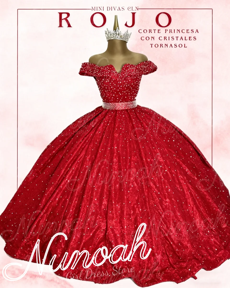 

Luxury Red Flower Girl Dress For Wedding Shining Sequins Girl Birthday Party Off The Shoulder First Communion Gowns Customized