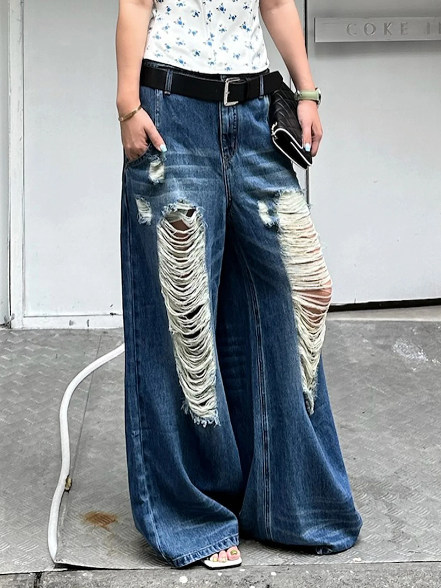 

Джинсы LEDIM WANG American Sle Ripped Denim: Новые женские свободные повседневные широкие брюки с поясом, низкой талией и молнией