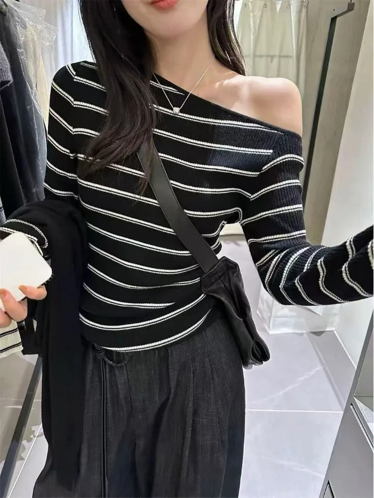 

Облегающий вязаный топ в полоску с плечами и длинным свечим базовым слоем в Корейском стиле для поездок на работу, осенняя мода, теплое сохранение