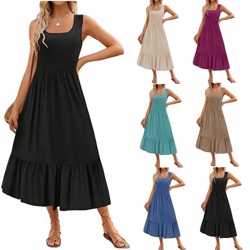 2025 Dresses For Women Summer Casual Summer Beach Party Pleated Maxi Dress Women'S Square Neck Pleated Swing Dress With Pockets