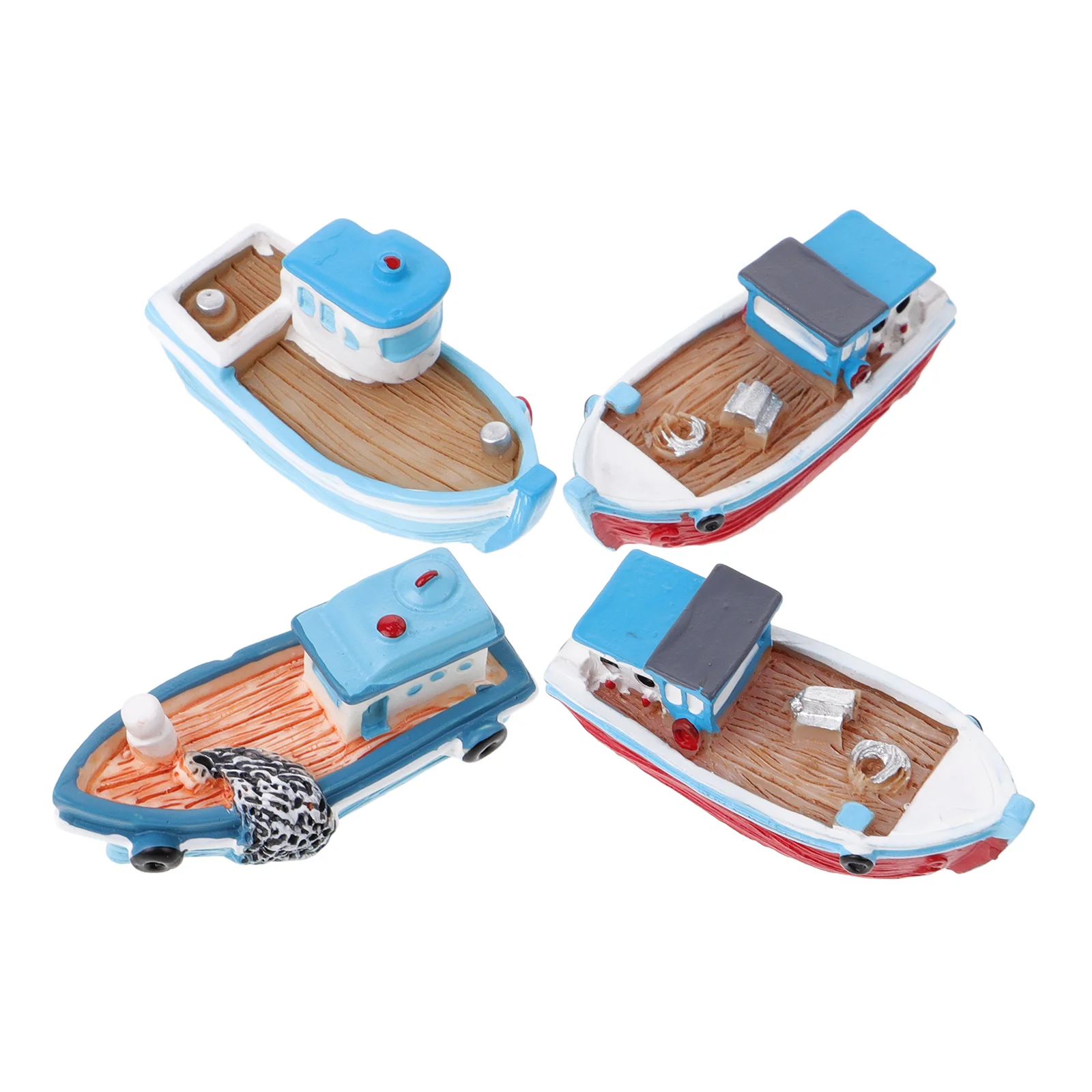 

4 Pcs Cartoon Fishing Boat Ornaments Office Toy Nautical Decor Resin Miniature Model