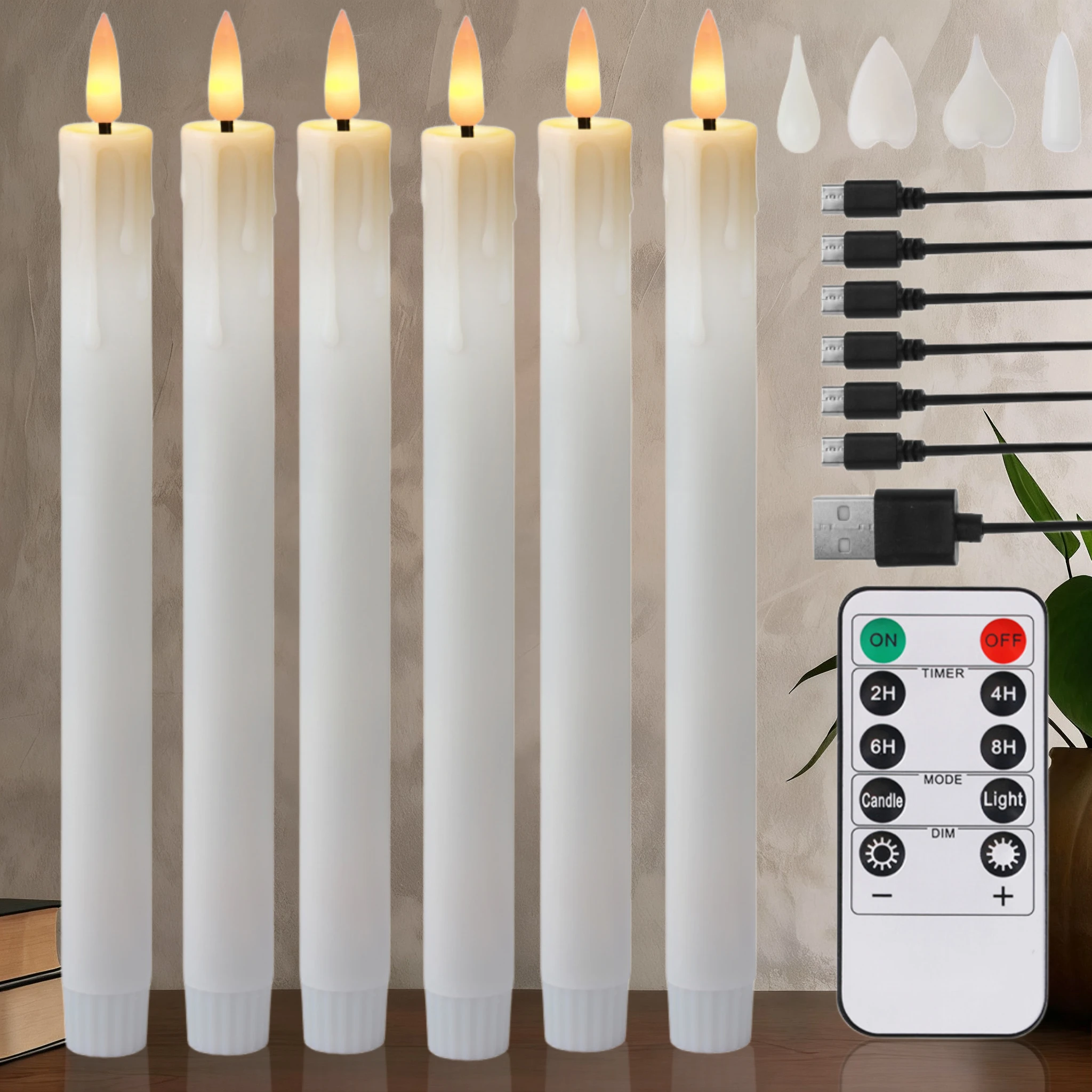 Oplaadbare vlamloze LED-conische kaarsen met timer op afstand en USB-oplaadkabel Flikkerende druipende wasvenster Hoge kandelaars
