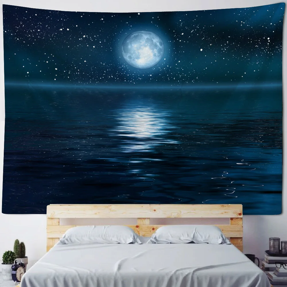 Starry sky, planet tapestry, sea night view, wall hanging cloth, dreamy, home wall decoration, beach towels, yoga sheets