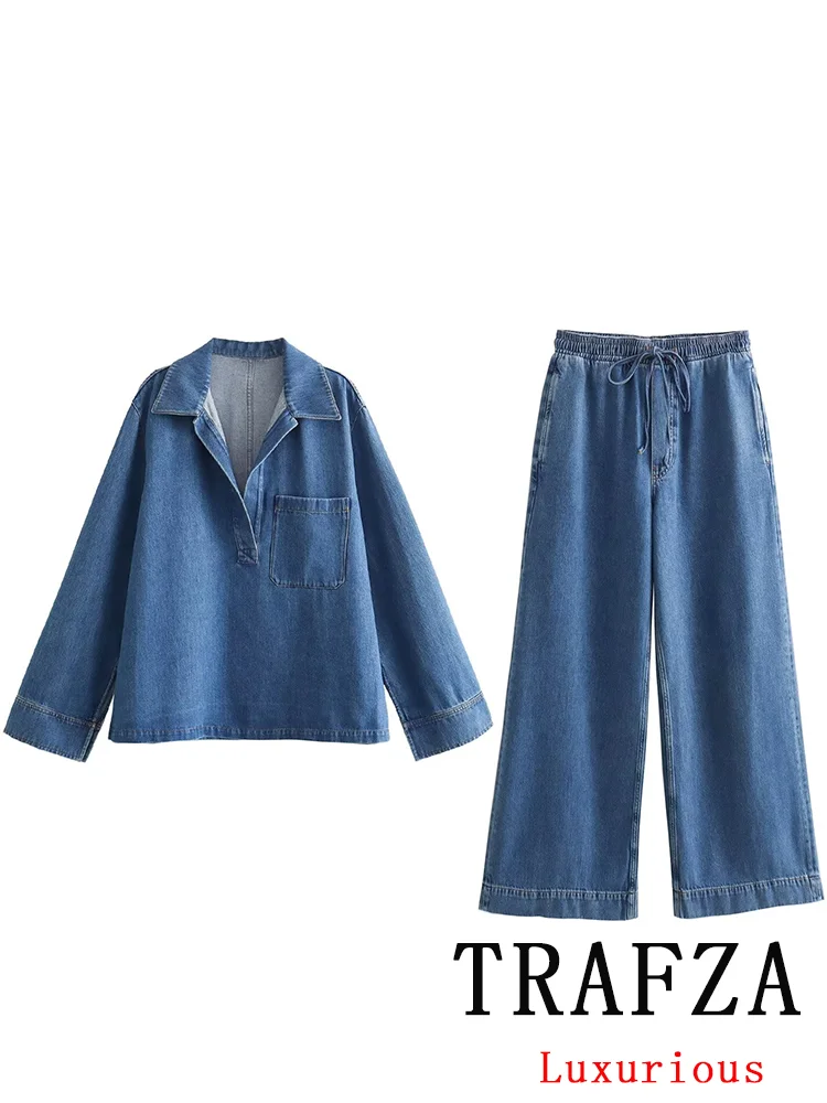 TRAFZA Vintage Casual Denim Chic Women Suit V Neck Long Sleeve Tops+Elastic Straight Pants Fashion 2024 Autumn Street Wear Sets