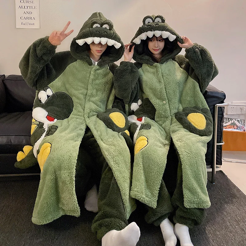 Winter Women Night-robe Kawaii Dinosaur Sleepwear Hooded Plush Soft Warm Thicken Men Nightgown with Pants Pajamas 2PCS Pijamas