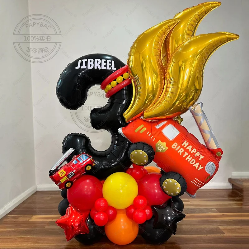 42 قطعة بالون شاحنة الإطفاء 1-9 مجموعة رقمية سوداء أحمر برتقالي أصفر النار Globos للبنين أطفال رجال الاطفاء تحت عنوان حفلة عيد ميلاد ديسمبر