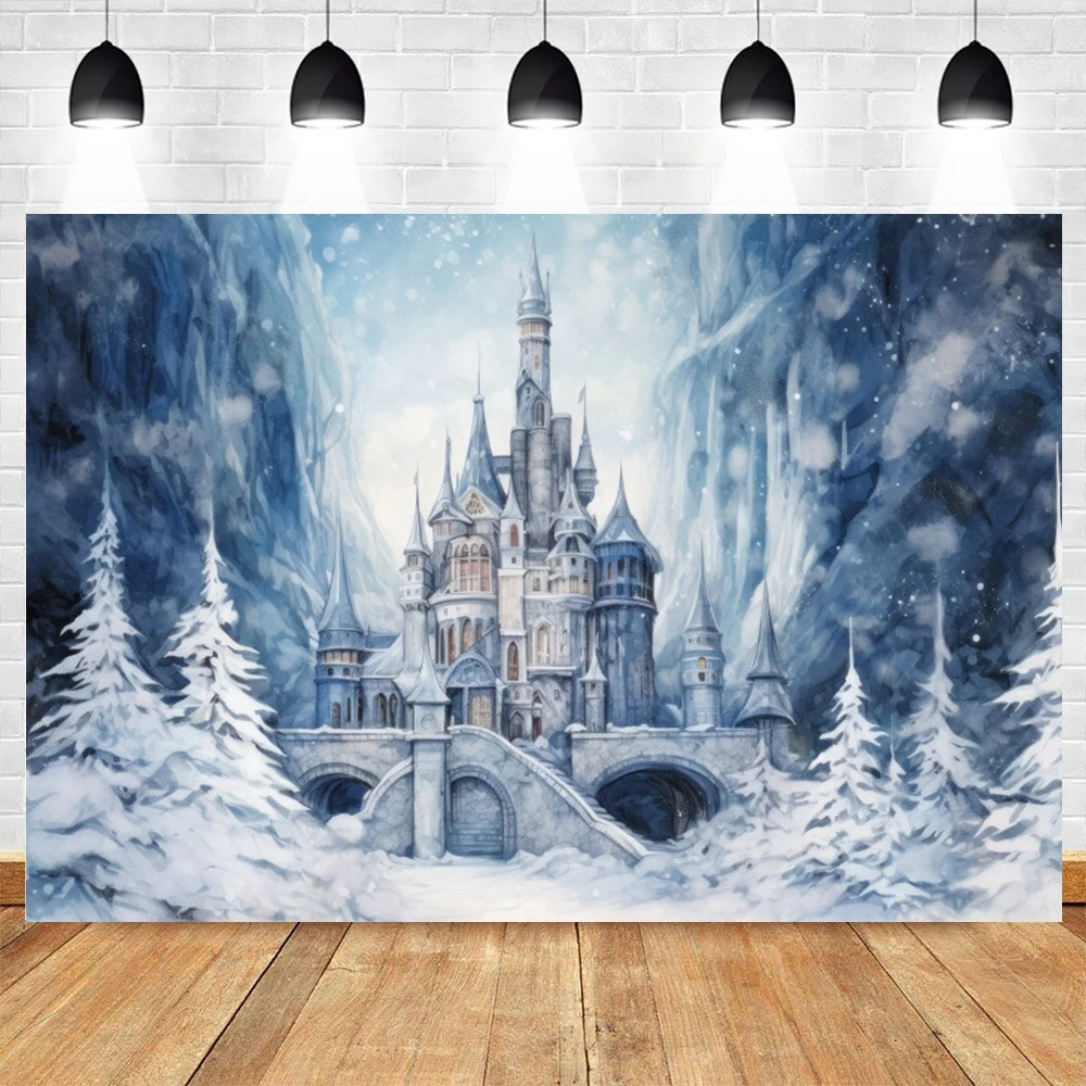 Toile de Fond de Château de Glace au Pays des Merveilles d'Hiver, Paysage de Neige Blanche, Conte de Fées, Princesse, Anniversaire de Fille, Portrait de Bébé, Arrière-Plan de Photographie