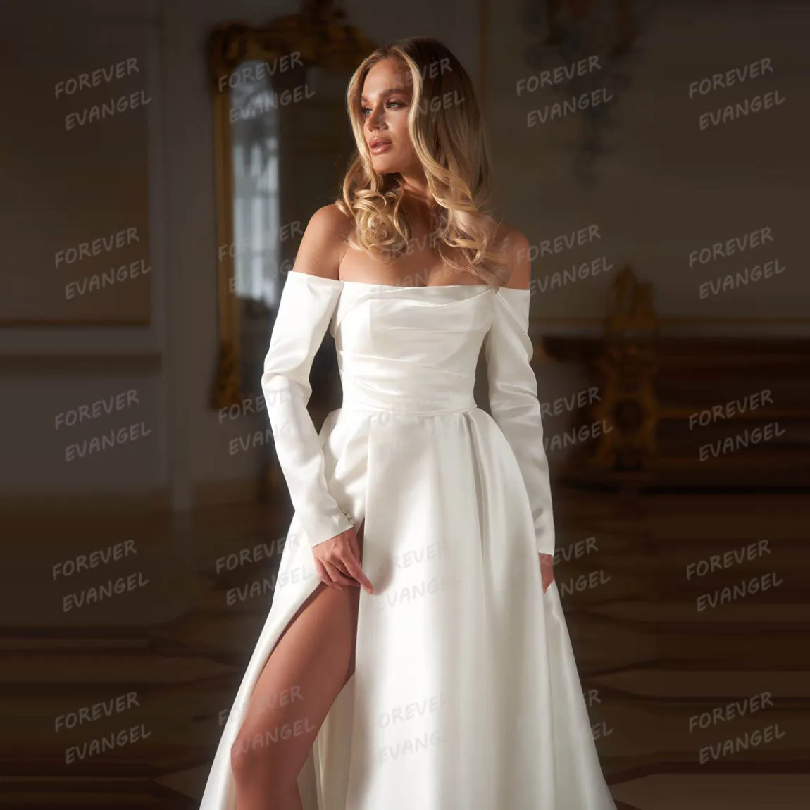 Abiti da sposa sexy semplici Una linea da donna in raso con spacco laterale alto a maniche lunghe Abiti da sposa formali 2025 Vestido De Novia personalizzato