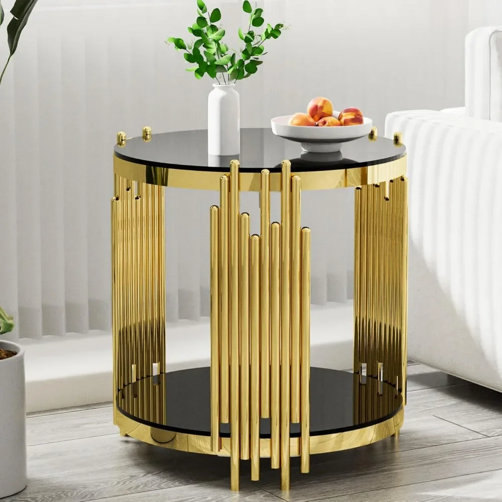 Round Glass End Table Black, Modern Gold Living Room Table with Stainless Steel Irregular Leg, Small Sofa Side Coffee Table