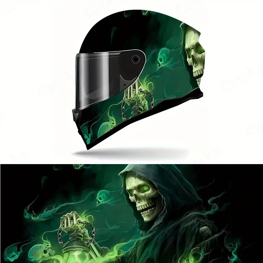 Adesivo de Capacete de Motocicleta Darkfire Skull - Material PVC Autoadesivo à Prova d'Água, Estilo Gótico Verde e Preto, Capacete de Motocicleta