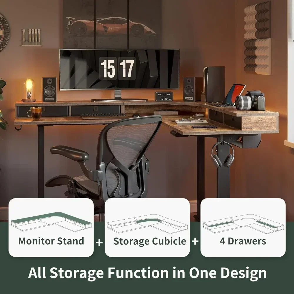 Computer Desk With 4 Drawers, Electric Standing Game Table, Adjustable Height, L-shaped Corner Office Desk, Computer Desk