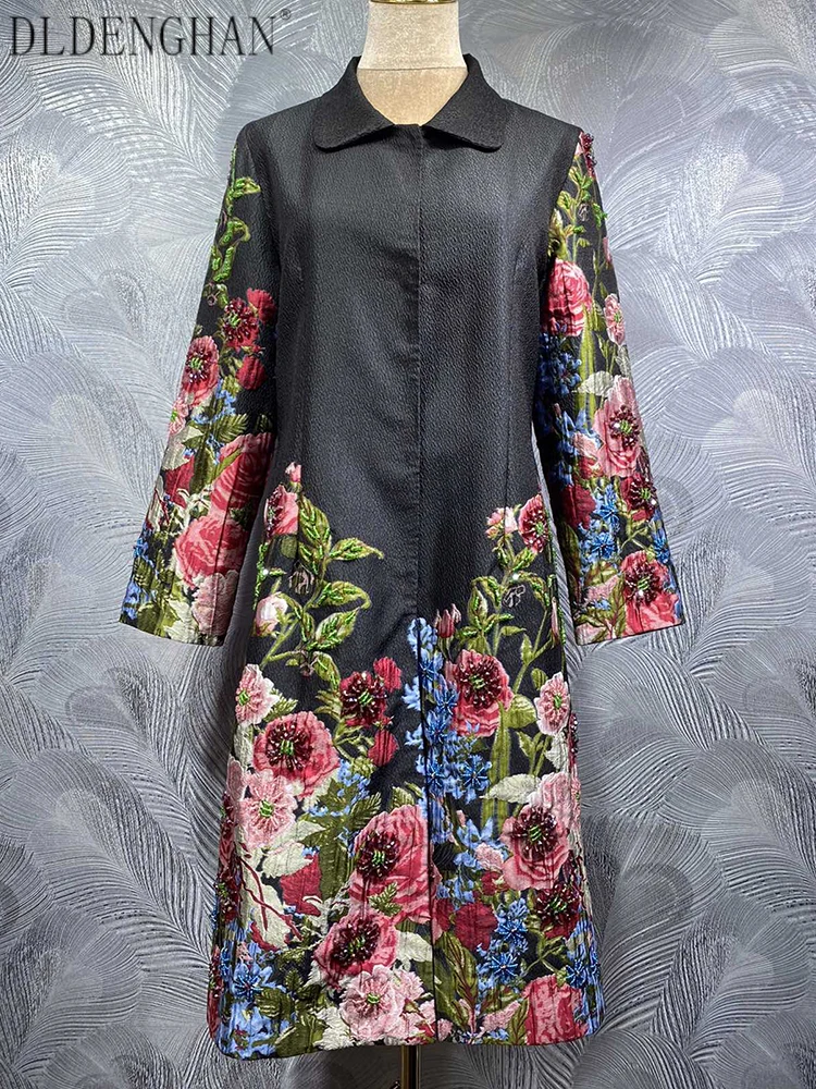 

DLDENGHAN Autumn Beading Jacquard Long Coat for Women Turn-down Collar Long Sleeves Concealed Buttons Elegant Party Outerwear