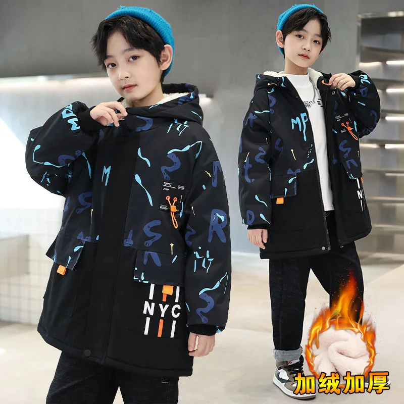 Boys Coat Jacket Cotton Outerwear Windbreak 2023 Thicken Velvet Winter Warm Christmas Gift Children\'s Clothing