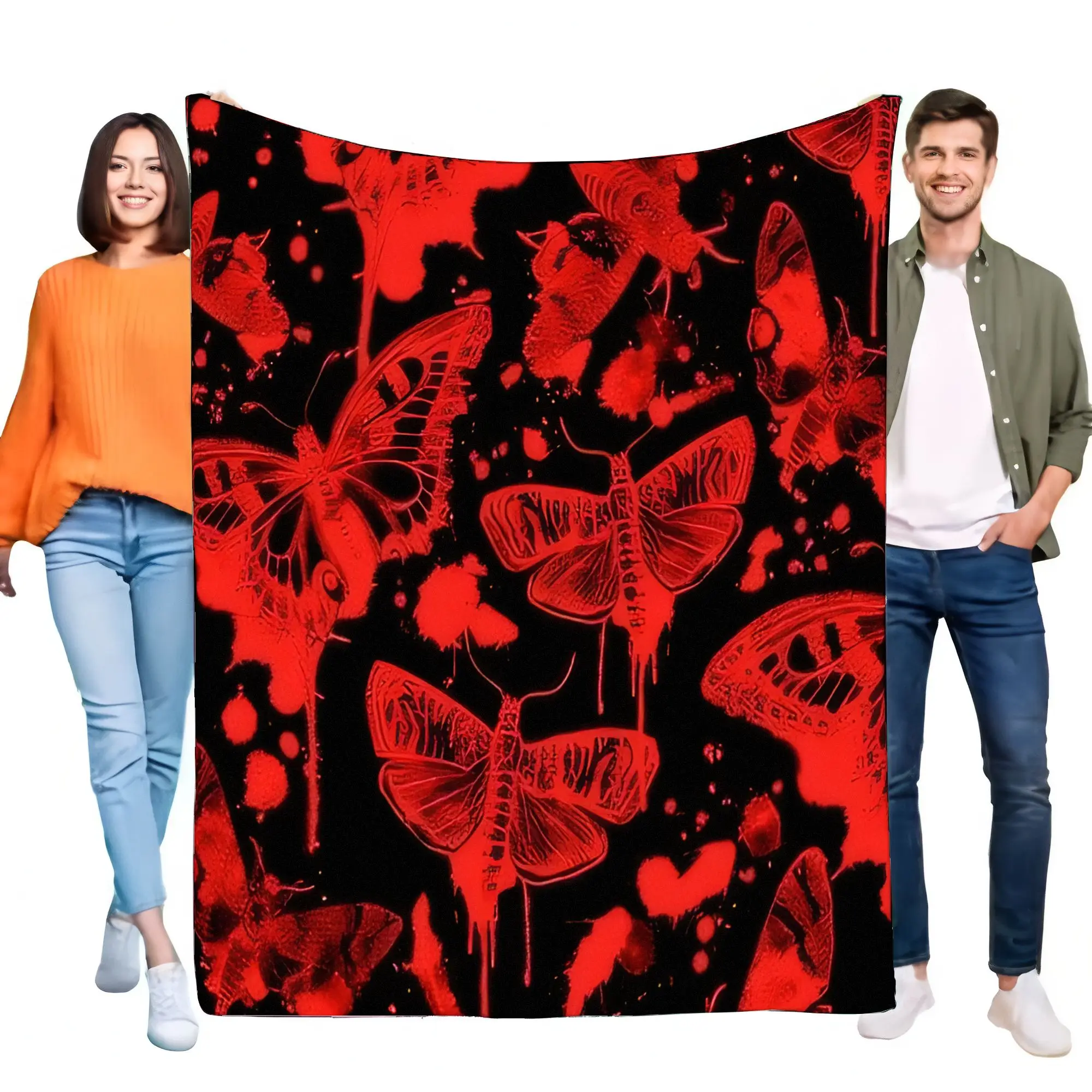 Gothic Red Butterfly Moth Grunge Drip Black Fleece Blanket Ultra Soft Cozy Lightweight Throw for Bed Sofa Halloween Decor Gift