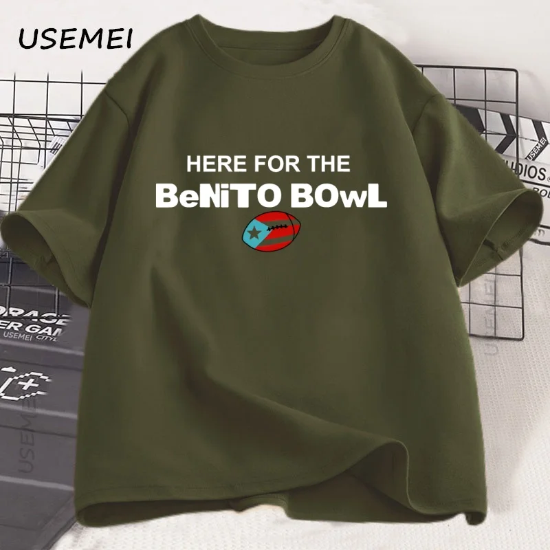هنا لـ Benito Bowl التي شيرت بورتوريكو لكرة القدم تي شيرت باد باني Superbowl نصف الوقت تي شيرت الرجال النساء القطن المطبوع القمم