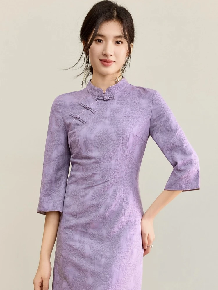 SENTUBILA Women's Elegant Stand Collar Dress 2025 Autumn New Chinese Style Frog Buttons Three Quarter Sleeve Dress Q53LI3773