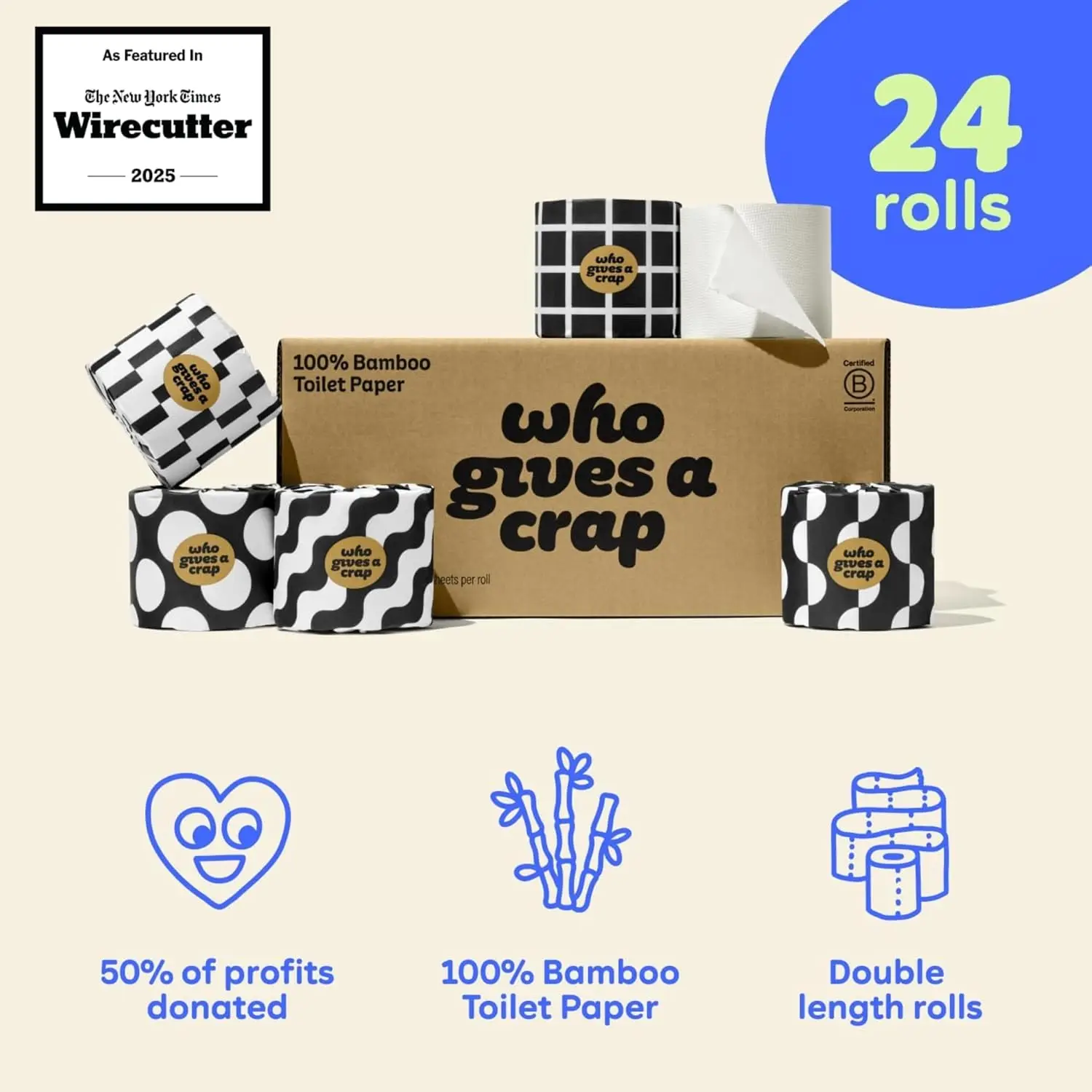 Papel Higiênico Ecológico 100% de Bambu, 24 Rolos, 3 Camadas, Macio e Resistente