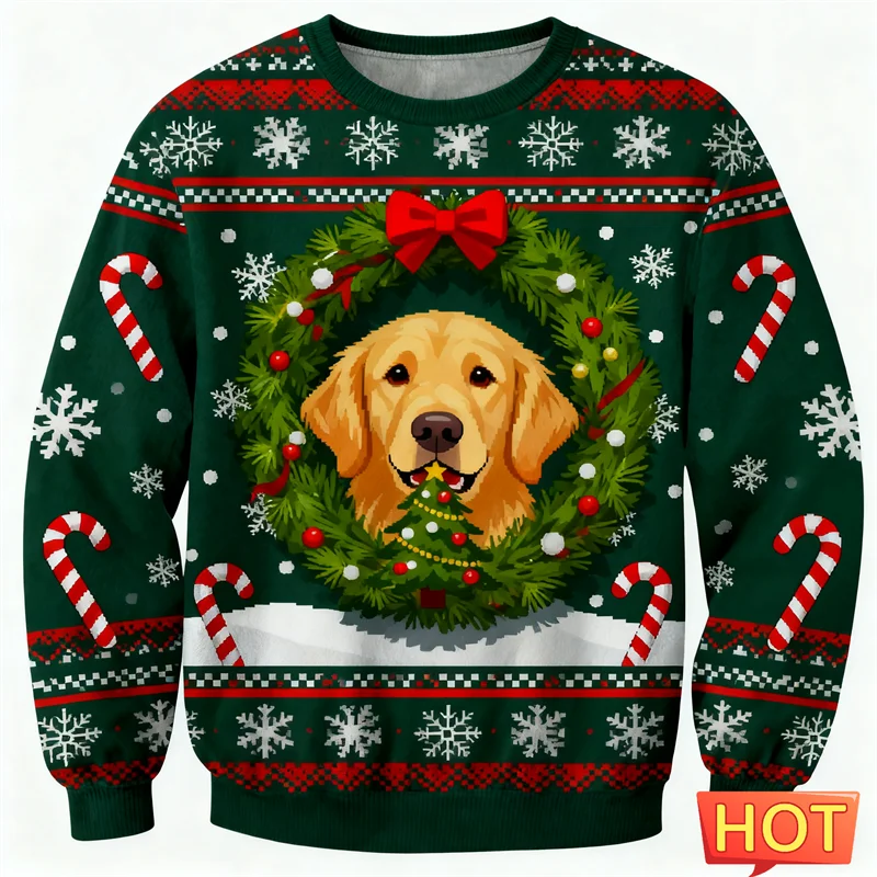 2026 جديد الذهبي المسترد الرسم القبيح عيد الميلاد سترة موضة لطيف الكلب ثلاثية الأبعاد مطبوعة عيد الميلاد بلوزات فضفاضة الشارع الشهير البلوفرات #4