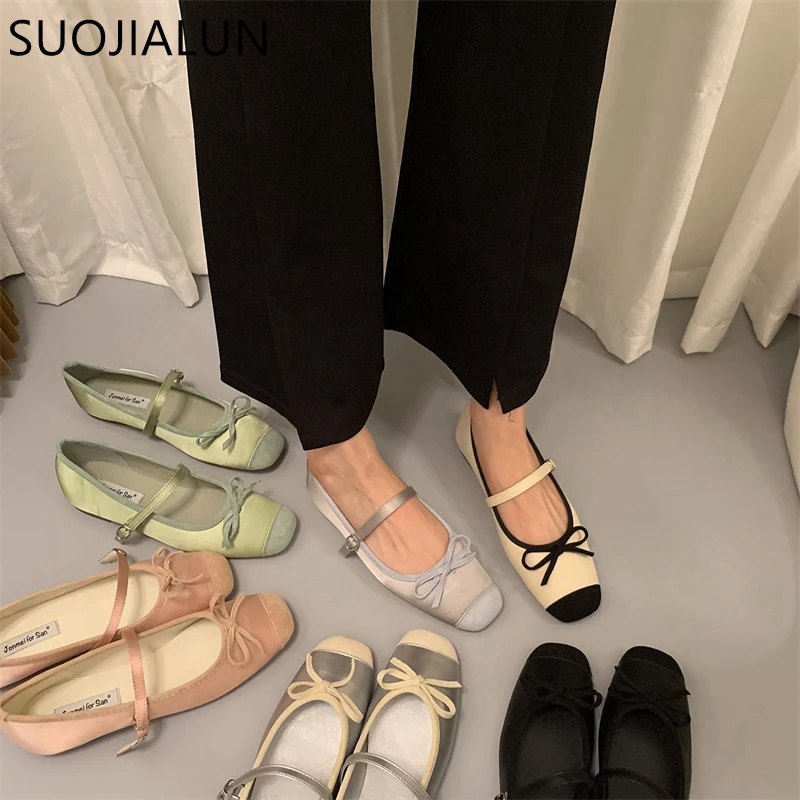 SUOJIALUN Women Flat Shoes Fashion Round Toe Shallow Slip On Ladies Soft Ladies Mary Jane Ballerinas Flat Heel Casual Ballet Sho