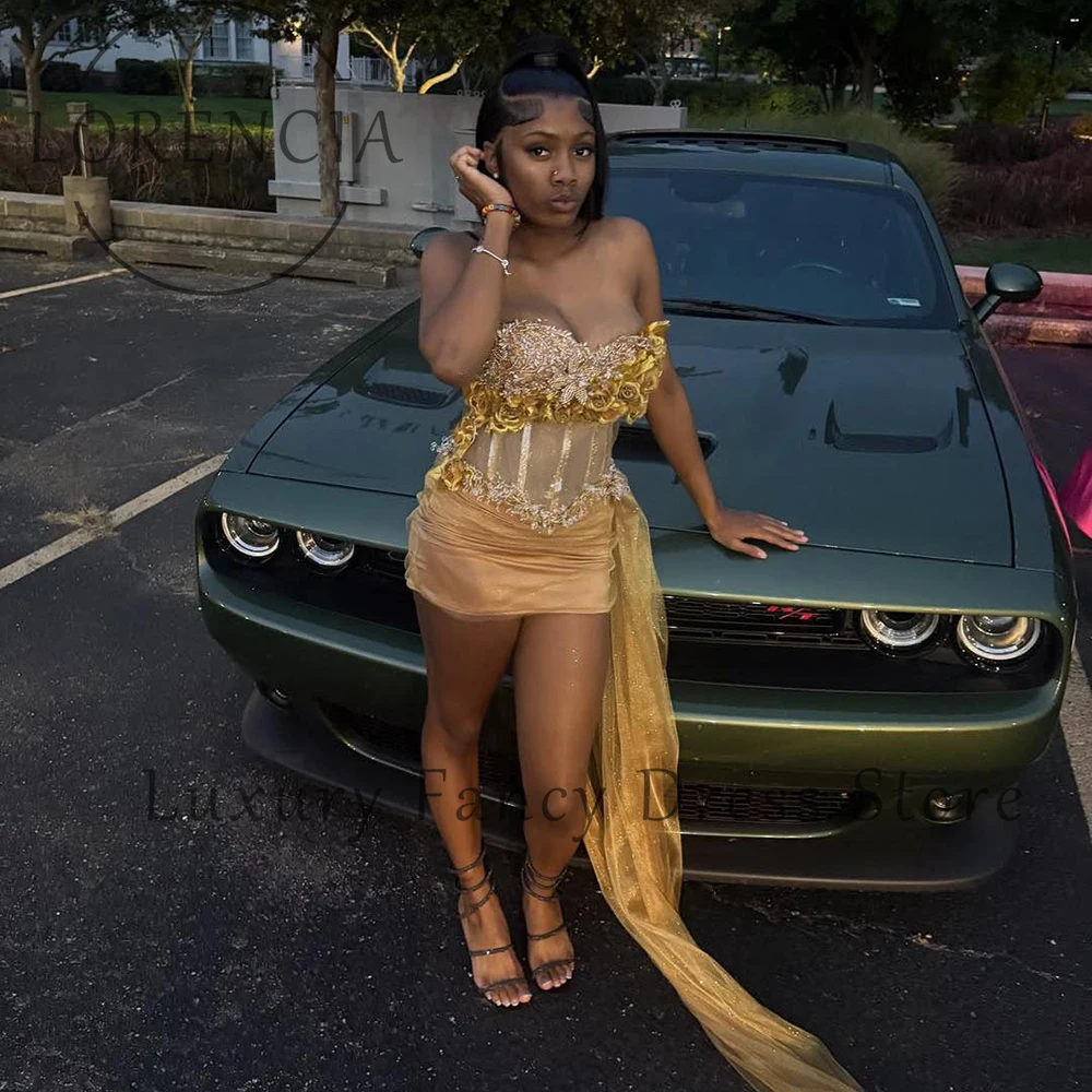 

Exquisite 3D Floral Prom Dresses Crystal Cocktail Dress Mini Evening Homecoming Party Gown Customized Strapless vestido madrinh