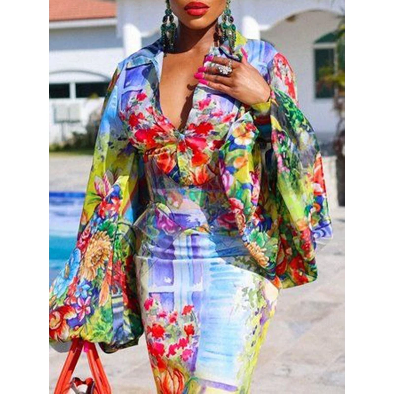 Tinaa Split-Joint Flower Print Dresses 2024 Women\'s Puff Sleeves Loose Lapel Blouses&Shirts for Party Evening Dresss