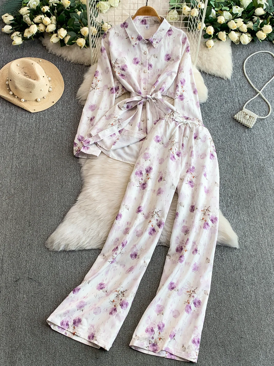 

Эффект похудения Heavy Embellied Long Sve irt Повседневные широкие брюки с высокой талией Комплект из двух предметов Роскошный женский принт Faion...