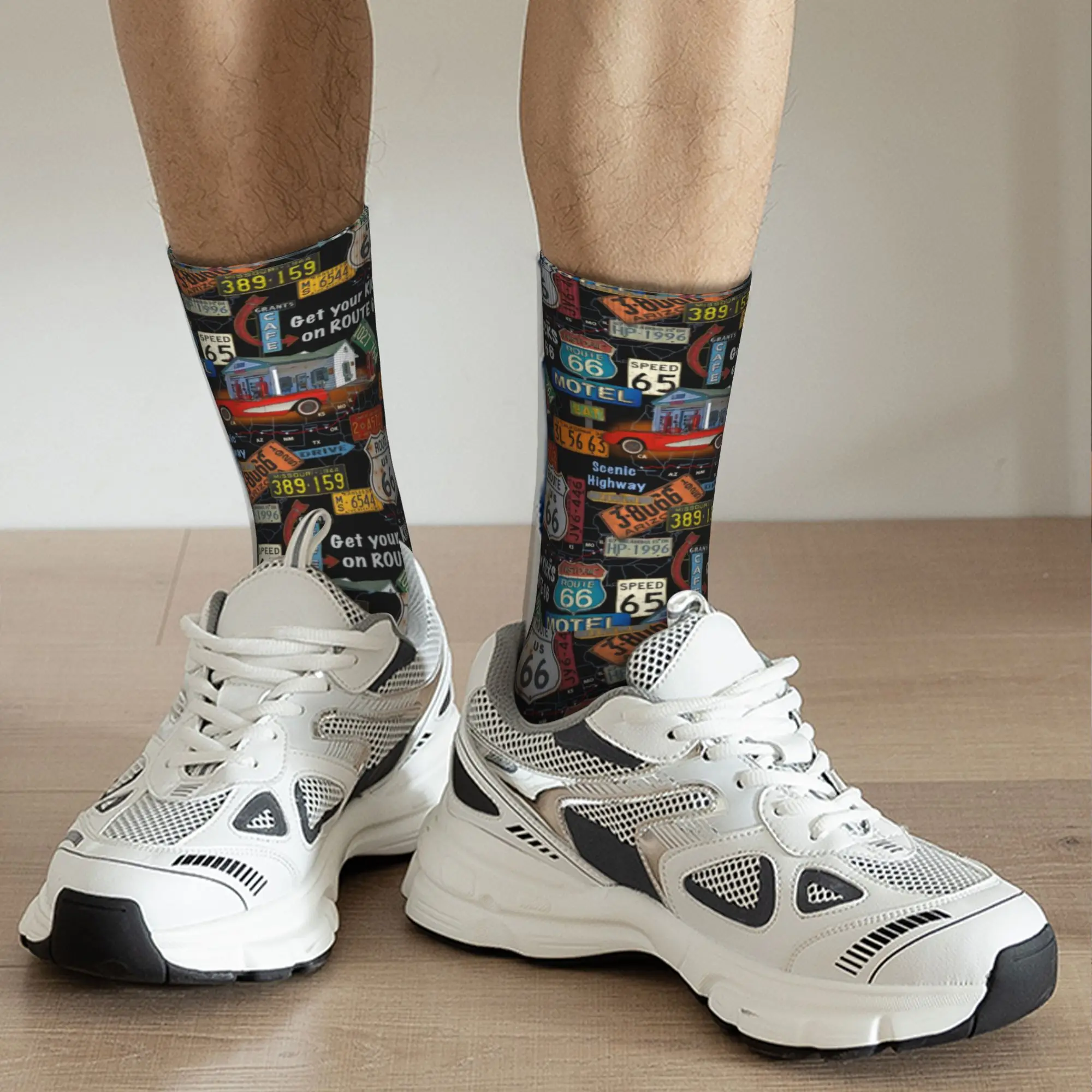 Custom Fashion Vintage America Road Route 66 Socks Men Women Warm 3D Print  Basketball Sports Socks view 5