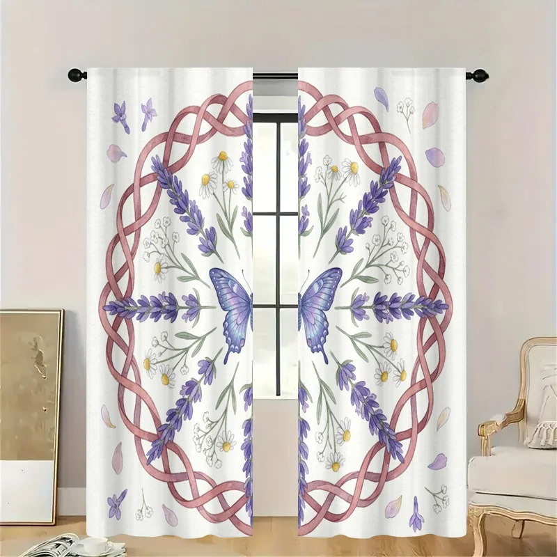 Bohemian Butterfly and Floral Wreath Shower Curtain Sheer Window Decor Translucent Lavender Pattern for Bathroom Kitchen Home