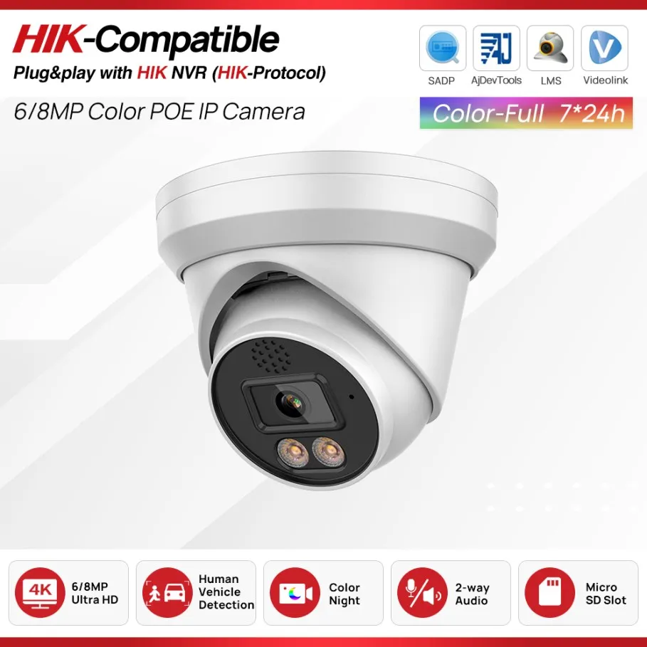 

Hikvision Compatible 6MP 8MP ColorVu IP Camera 2-way Audio SD Card slot Surveillance Network Camera Plug&Play HIK NVR