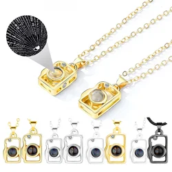 Lovecryst 2pcs/set Attractive Magnetic Heart Camera Puzzle Pendant 100 Languages I Love You Projection Couple Necklace Gifts