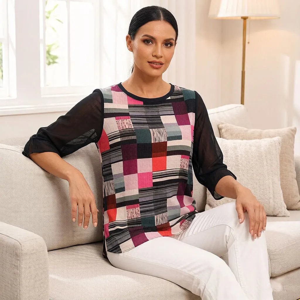 Women Color Block Geometric Print Blouse Chiffon Top with Mesh Sleeve Round Neck Casual Loose Fit Summer Tunic view 4