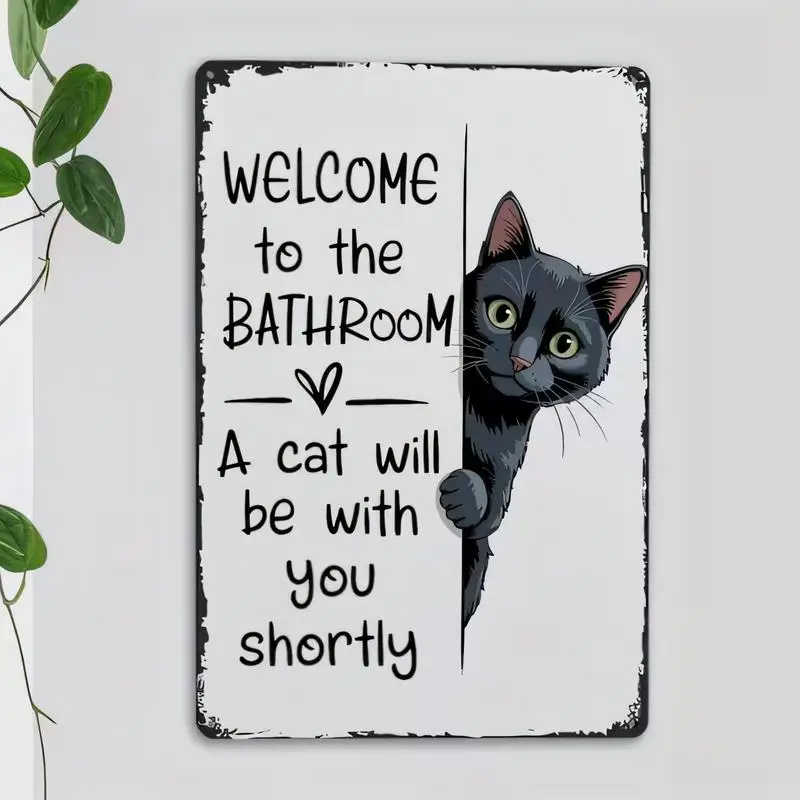 Vintage Iron Bathroom Sign, Cute Black Cat Peeking Design, Retro Metal Wall Art Decor for Home Bathroom, Iron Material, Retro St