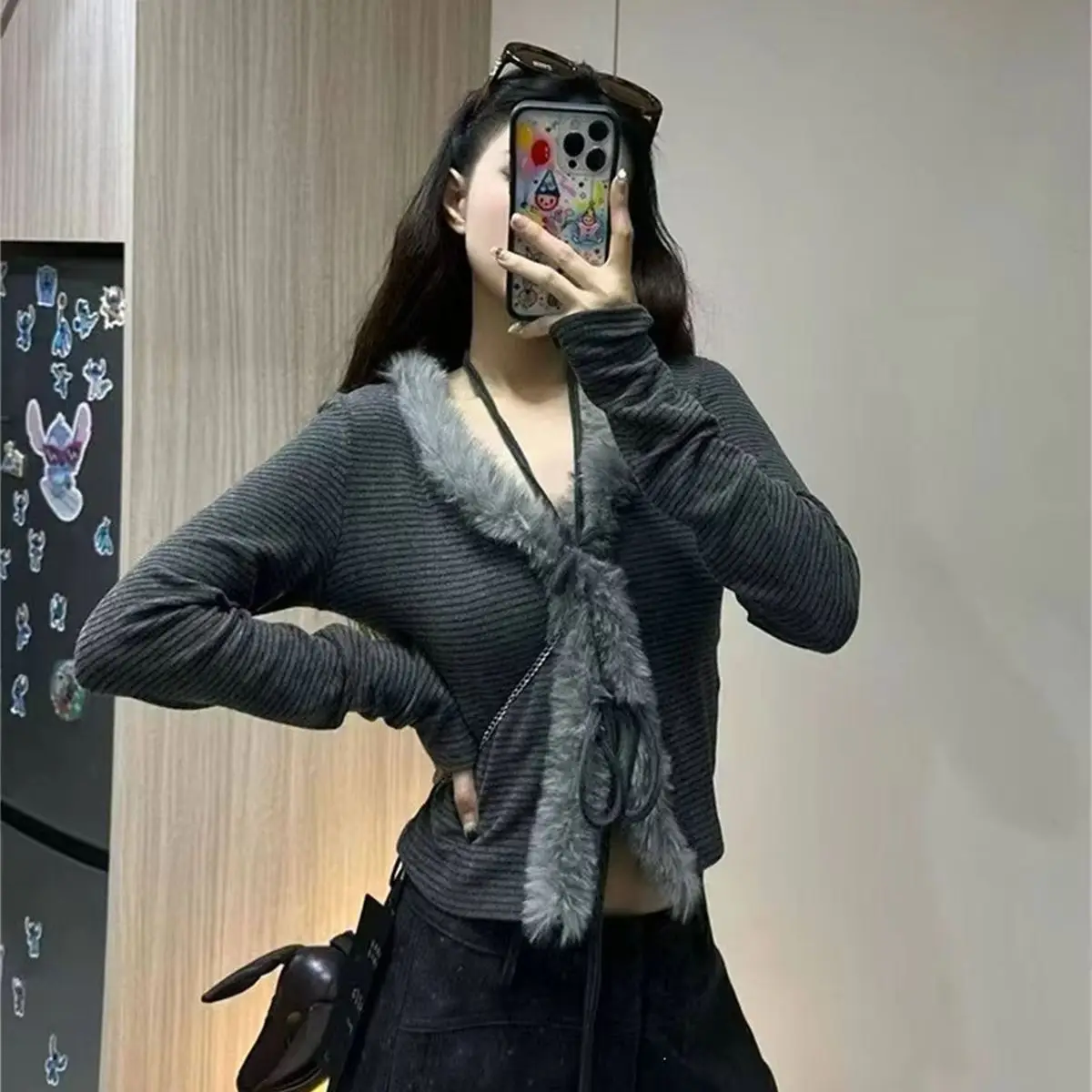 Spicy Girl Faux Fur Collar Top Women Sexy Y2K Lace Up T-shirts Long Sleeve Fashion Shirt Retro Streetwear Chic Striped Clothing