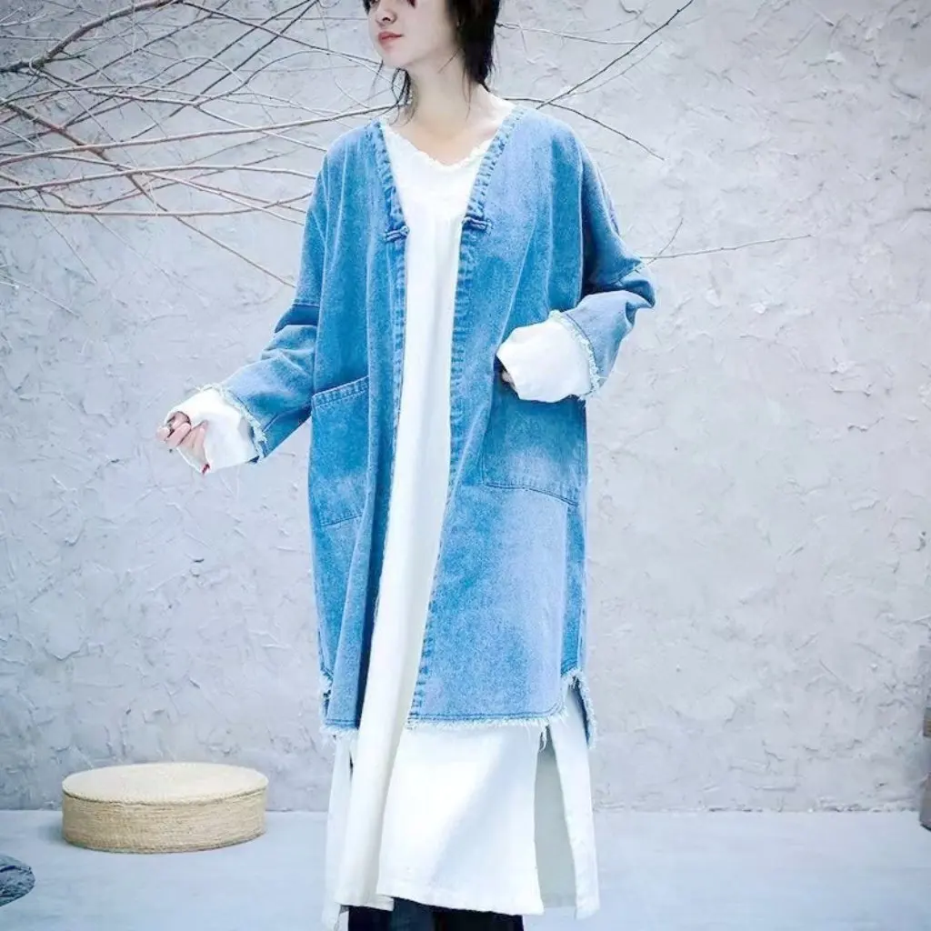 春の新デザイン手刺繍古風中国風旅行カジュアルでハンサムな女性用ボタン付きデニムジャケット