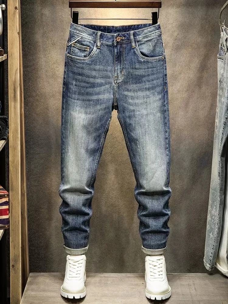 Newly Designer Fashion Men Jeans Retro Blue Elastic Stretch Slim Vintage Jeans Men Straight Trousers Casual Denim Pants Hombre