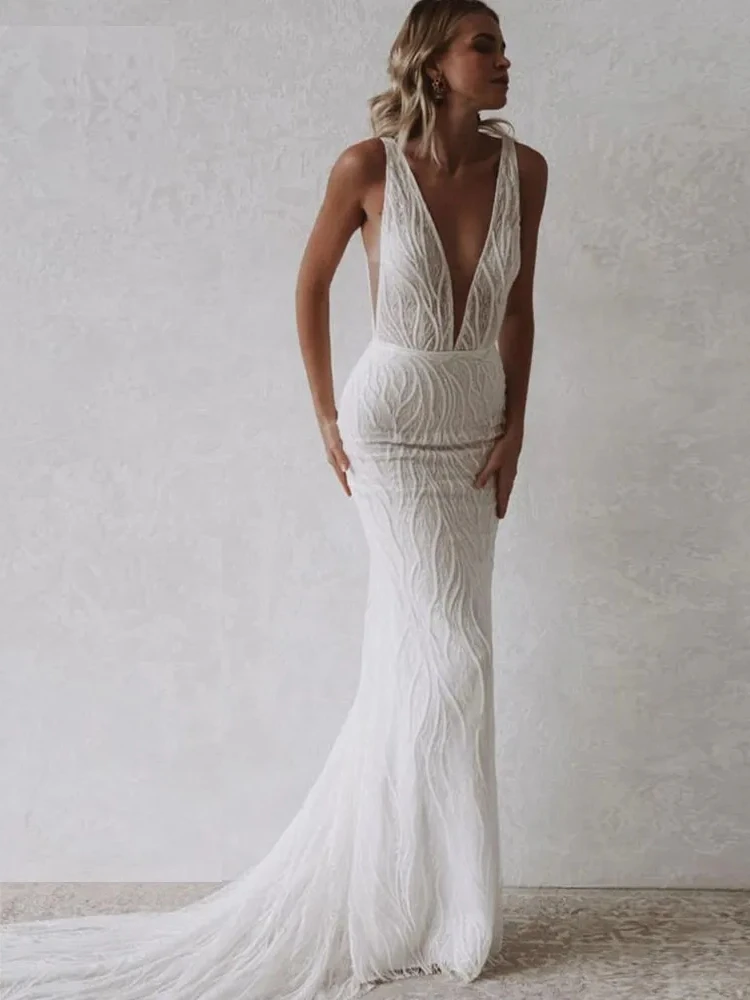 Abiti da sposa Sexy senza schienale con scollo a v senza maniche Appliques in pizzo a sirena lunghezza del pavimento abiti squisiti 2023 Vestidos De Novia 2024