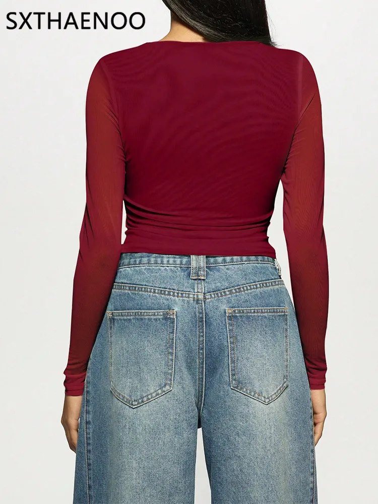 SXTHAENOO Women Mesh T-shirt Long Sleeve Short Double Layer Fashion Hot Diamond Pullover Top Hot Girl Nightclub High Street Tee