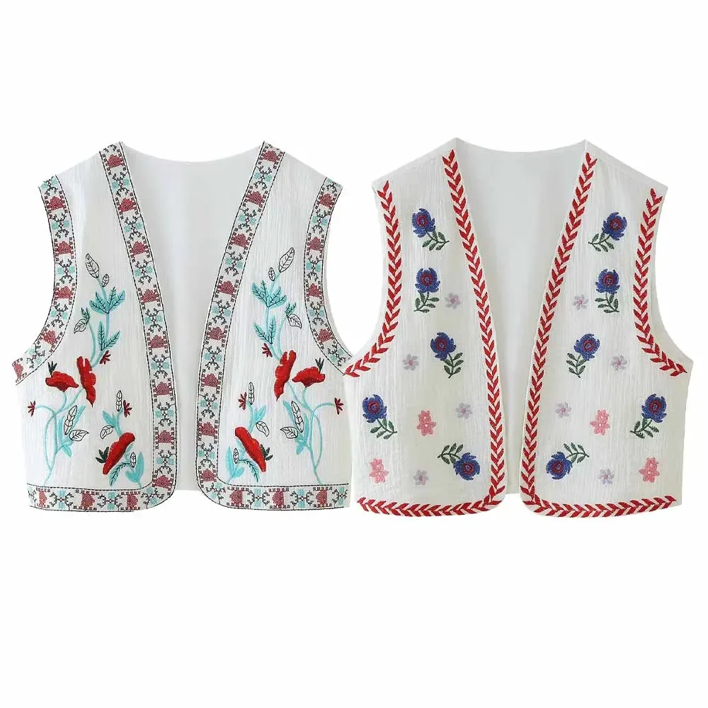 

Women's 2024 New Fashion Temperament Joker Flower Embroidery Short Vest Top Retro Sleeveless Women's Chic Top