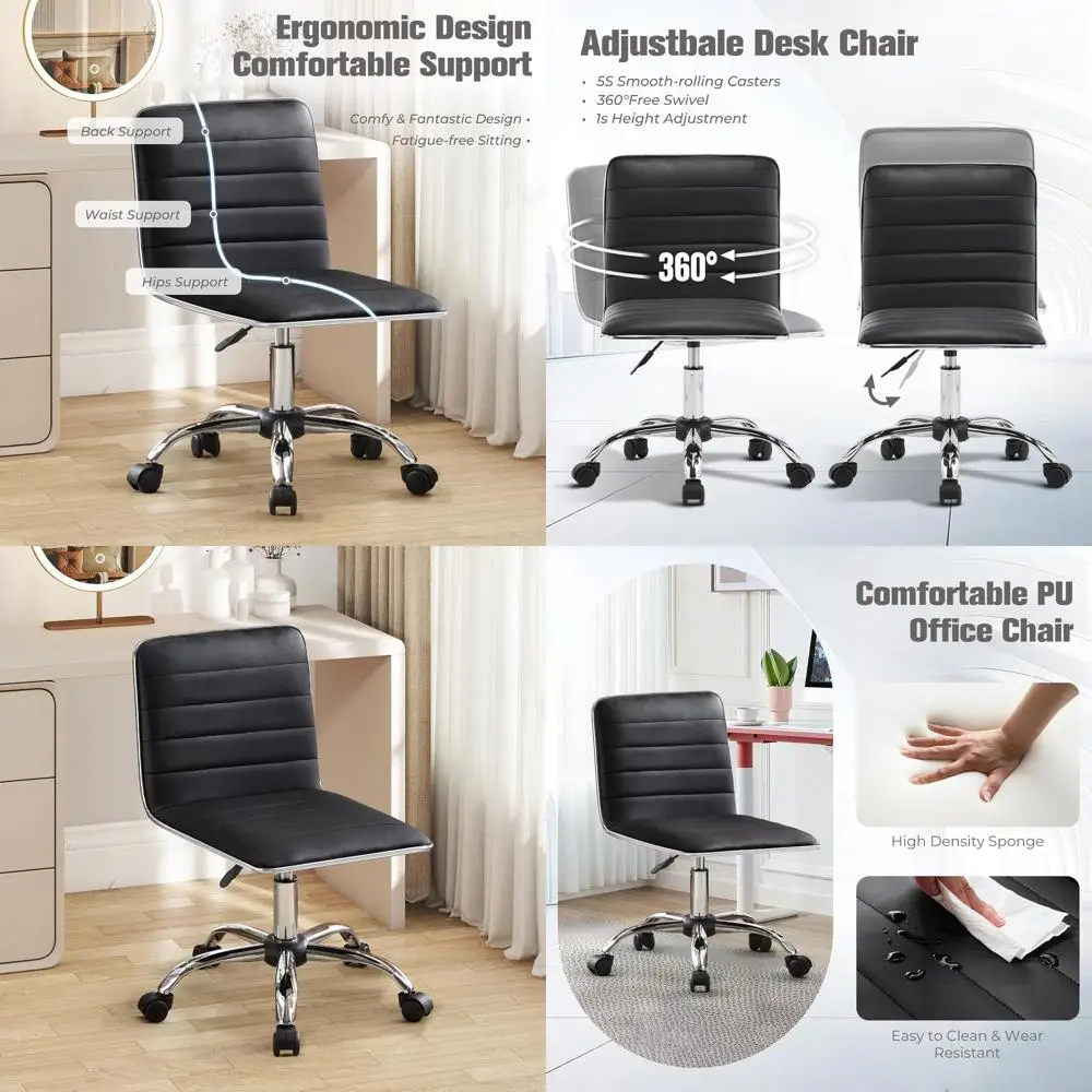 

Вращающееся кресло со средней спинкой из искусственной кожи и колесиками, регулируемое по высоте, для небольших помещений, идеально подходит для подростков и взрослых, черное