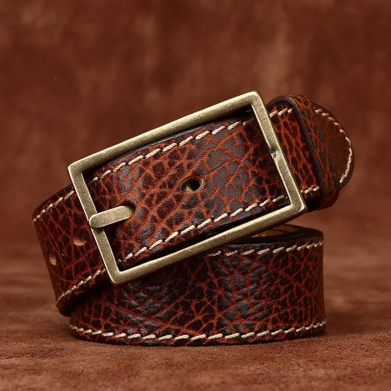 Men's Vintage Embossed Versatile Genuine Leather Belt, Top-grain Leather with Wild Cowhide Texture, Jean Belt